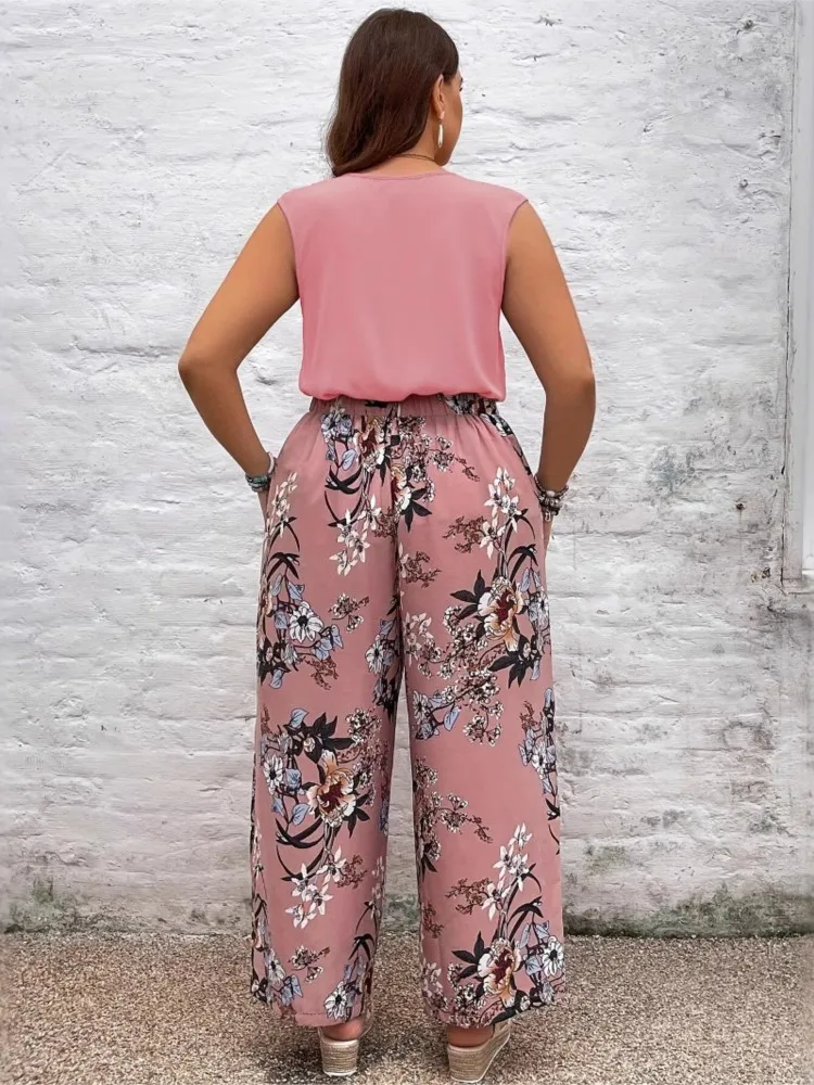 Conjuntos con estampado de moda para mujer, Tops informales holgados sin mangas con cuello en V + pantalones de pierna ancha de cintura alta, conjunto de 2 piezas para vacaciones