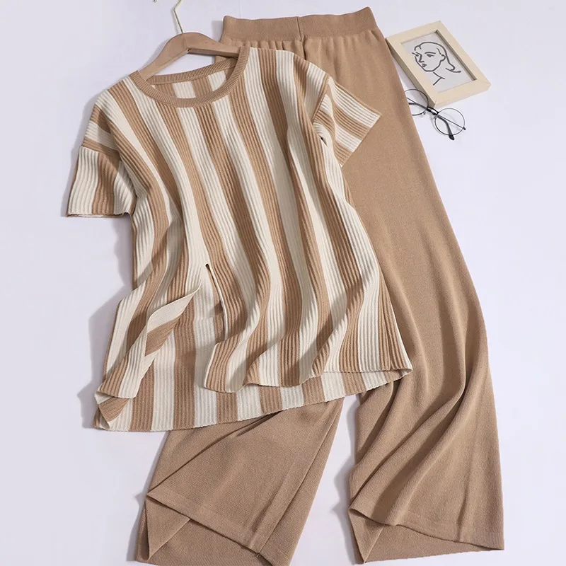 

Elegant Socialite Knitted Fashion Pants Suit O Neck Vertical Pattern Split Short Sleeve Stripe Tops High Waist Pants for Women