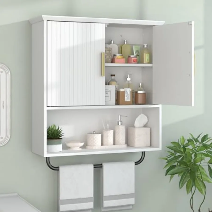 

Настенный шкаф для ванной комнаты с полкой для полотенец, 2 дверцами, регулируемыми полками - компактный деревянный настенный шкафчик для хранения и организации пространства
