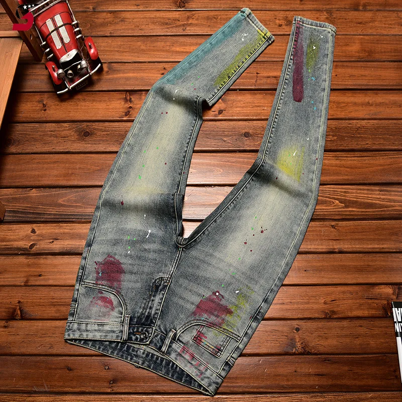 High-end jeans men's slim fit skinny stretch printing splash-ink fashion trend 2024 autumn and winter trousers