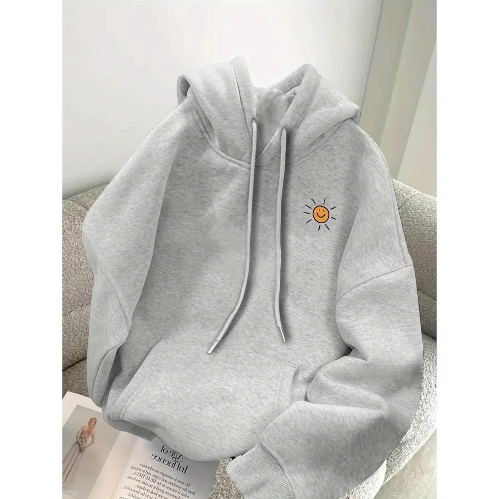 Damen-Freizeit-Kapuzenpullover mit gelbem, fröhlichem Gesichtslogo, lässiger Langarm-Pullover mit Kängurutaschen, verspieltes Design – Detail 3