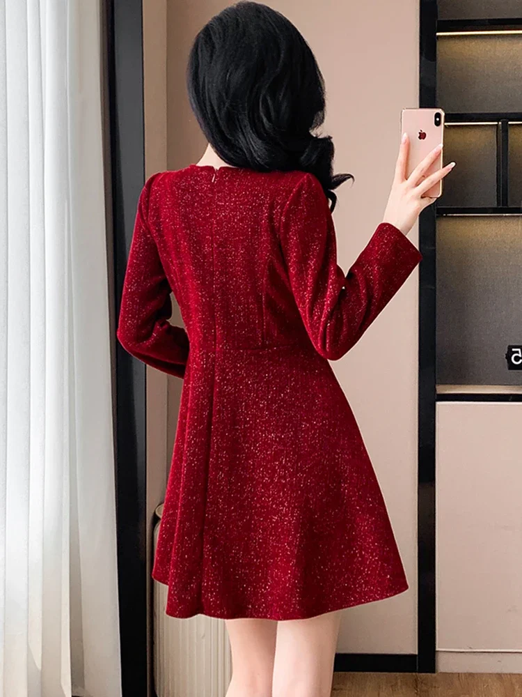 Women Red Bright Silk Chenille Casual Short Dress 2024 Korean Fashion Bow Collar Festival Dress Autumn Winter Elegant Prom Dress