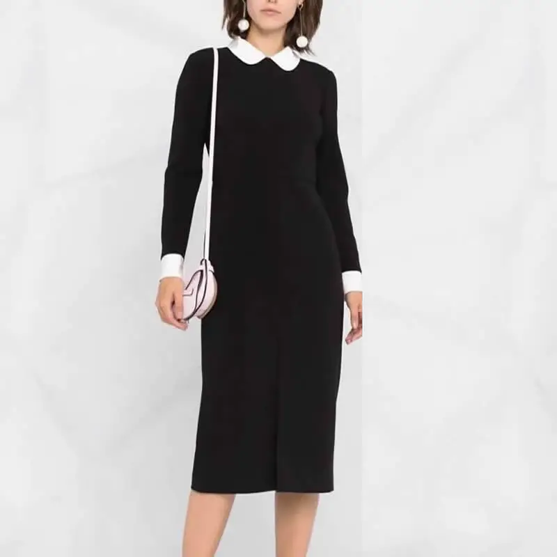 

New Solid Black Women Dress Long Sleeve Peter Pan Collar Sheath Dresses 12282