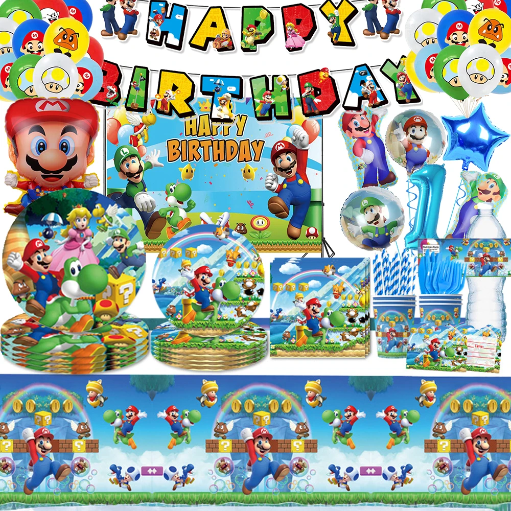 Taplak meja Super Bro, permainan koin emas bendera Selamat Ulang Tahun Marios Bros dekorasi pesta ulang tahun perlengkapan pesta kertas peralatan makan