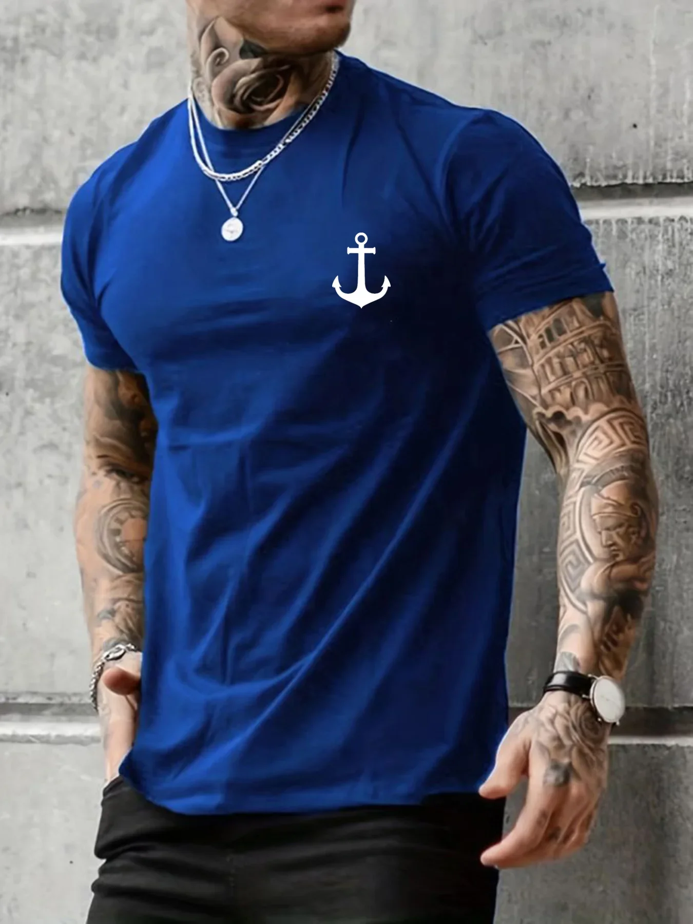 

Men's Summer Casual Loose Size 100% Cotton Anchor pattern Print Round Neck Short Sleeve T-shirt Top