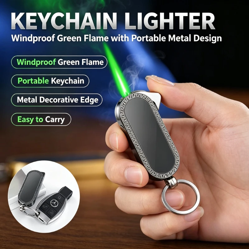 Outdoor Portable Multifunctional Metal Lighter, Windproof Mini Keychain Style, Refillable Butane Gas, Green Spray Flame