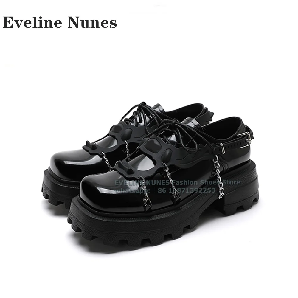 

Metal Chain Lace-Up Platform Pumps Round Toe Thick Sole Height Increasing Punk Leather Shoes Buckle Strap Shallow Shoes Autumn