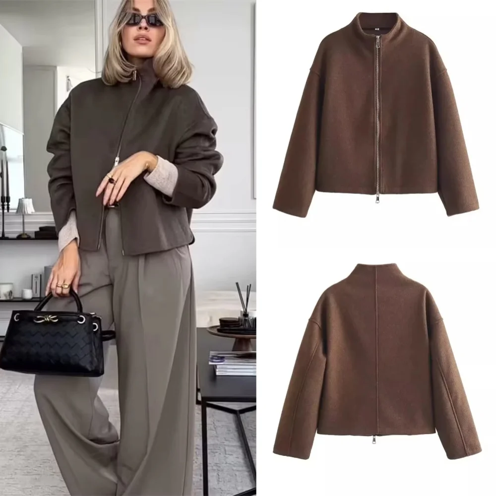 BWQ Autumn Women Casual Solid Jackets Fashion Vintage Zipper O Neck Brown Coats Elegant Chic Ladies Jackets 2025