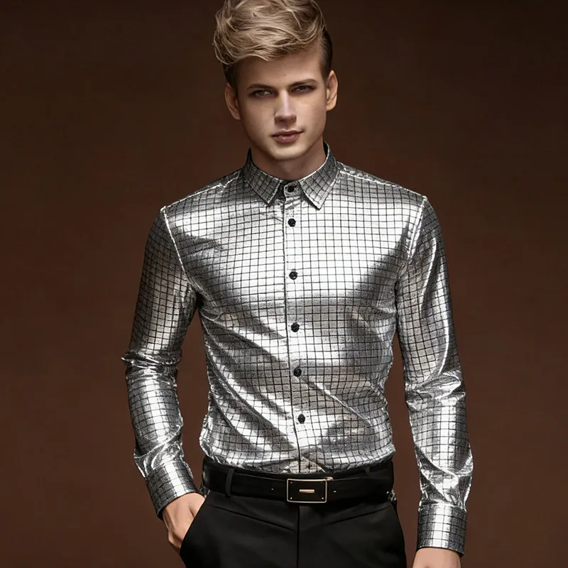 

iny Silver Plaid Long Sve irt Hip Hop Disco Modern Jazz Dance Performance Muscle Men Large Size Casual Sle