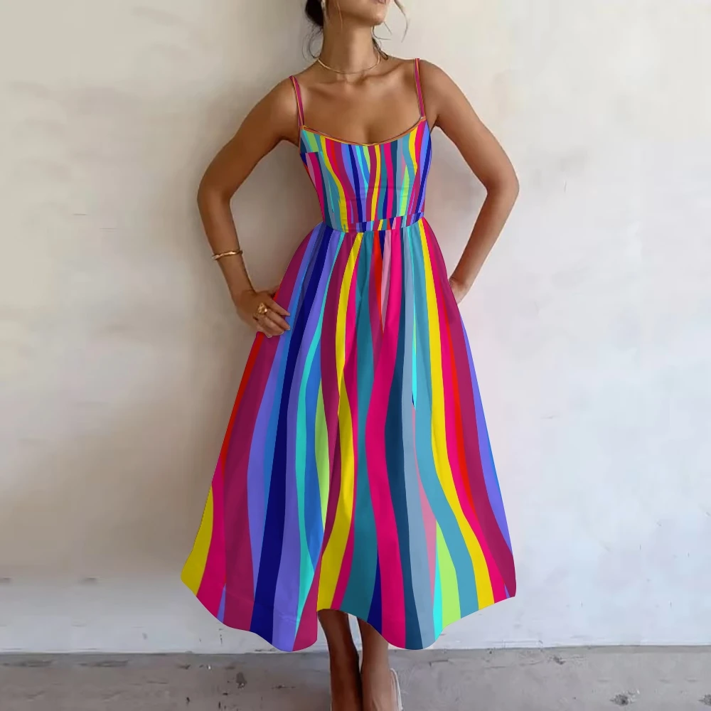 

Rainbow Stripe Print Braces Skirt Women'S Casual Printed Pettiskirt Slim Fit Retro Strap Style Holiday 1-Piece Summer Longuette