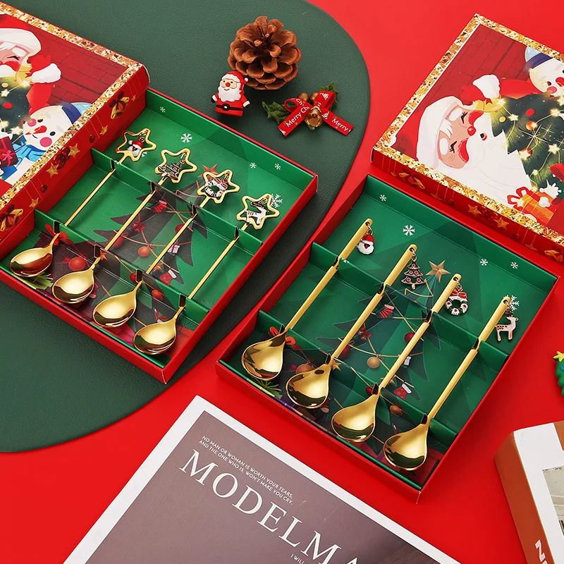 

4PCS Christmas Stainless Steel Spoon Christmas Coffee Spoons Set Gold Home Restaurant Dessert Cutlery Set,Pendant for Xmas Party