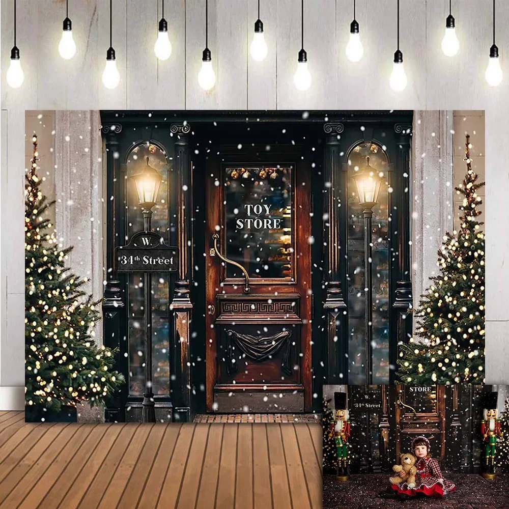 Merry Christmas Photography Background Winter Snow Christmas Tree Toy Store Street for Children Portrait Backdrop Photo Studio