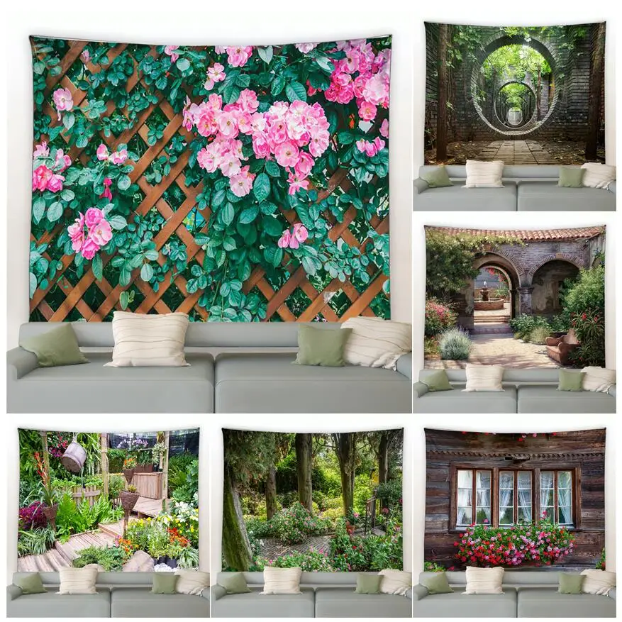 Fence Pink Flowers Tapestry Vintage Window Flower Arch Garden Park Nature Plant Wall Hanging Modern Home Living Room Patio Decor