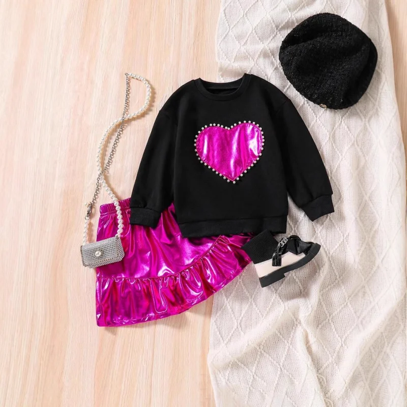 

Autumn Winter New Girls Pearl Sequin Love Heart Black Pullover Long Sleeve Sweatshirt Short Leather Skirt Set