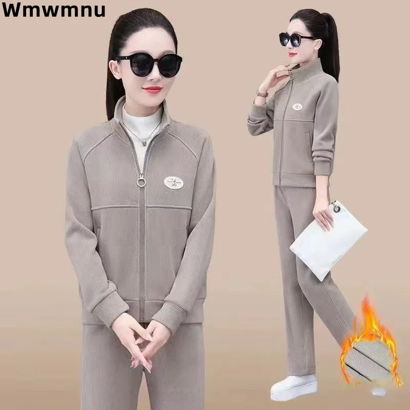 Verdicken Plüsch Samt Gefüttert Frauen Trainingsanzug Winter Casual Jacken Mäntel Tops Zwei Stück Sets Knöchel Länge Gerade Hosen Conjunto