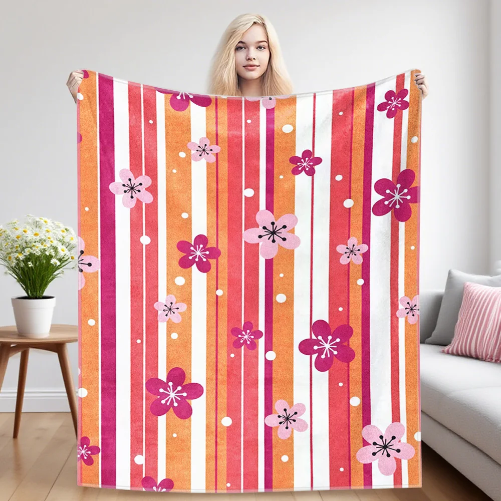 Stripe Cherry Blossom Flannel Blankets Are Suitable For Sofas, Men's Room Decorations, Thick And Warm Gifts For Teenagers