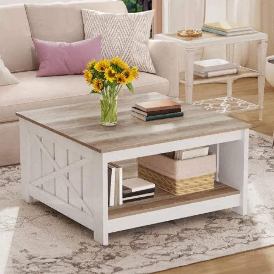 

Square Coffee Table for Living Room Farmhouse Coffee Table with Storage 2-Tier Wood Coffee Tables Center Table with Half Open S