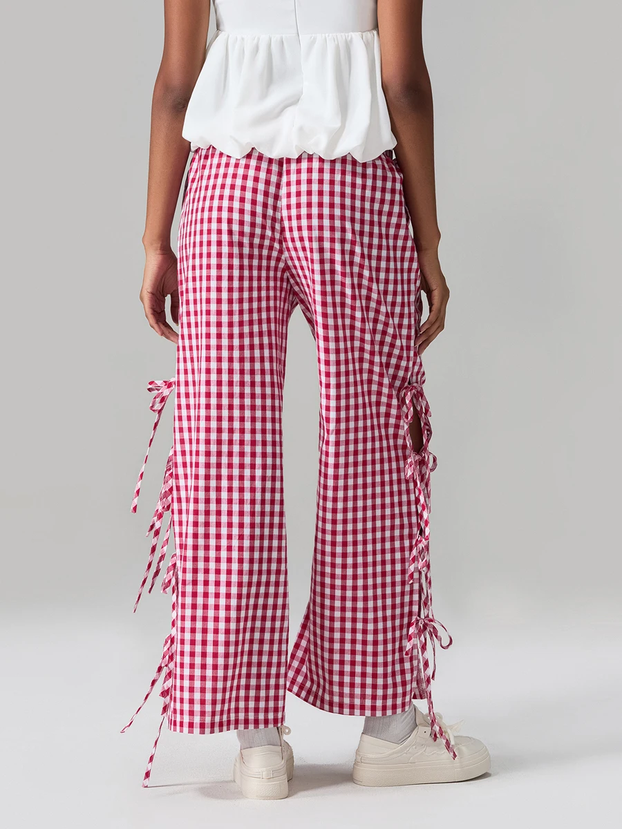 Women Wide-Leg Pants Plaid Side Tie-Up Loose Trousers Spring Summer Casual Sweatpants Bottoms