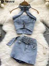 Streetwear Sexy kobiety lato Denim Halter topy Mini spódnica garnitury stroje szykowna, dopasowana dżinsy zamek kamizelka bez pleców dziewczyna 2-sztuka zestaw