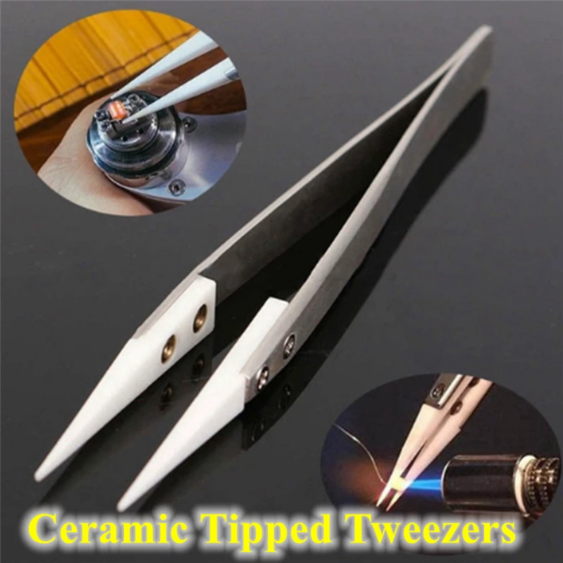 Ceramic Tipped Stainless Steel Tweezers Tips Heat Pointed Resistant Tweezer Electronic Soldering Tweezers Fine Pointed Tip