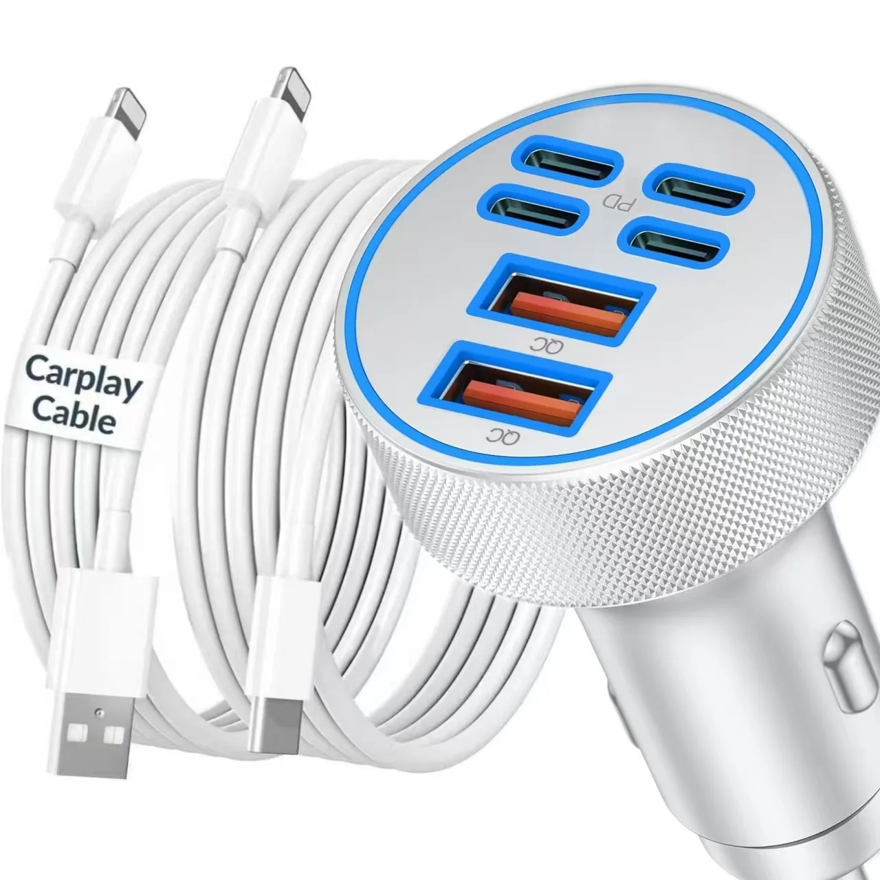 Car Charger Fast Charging 90W 4-Port USB C Fast Car Charger Cigarette Lighter Adapter 240W 3FT USB-C Cable for iPhone Android