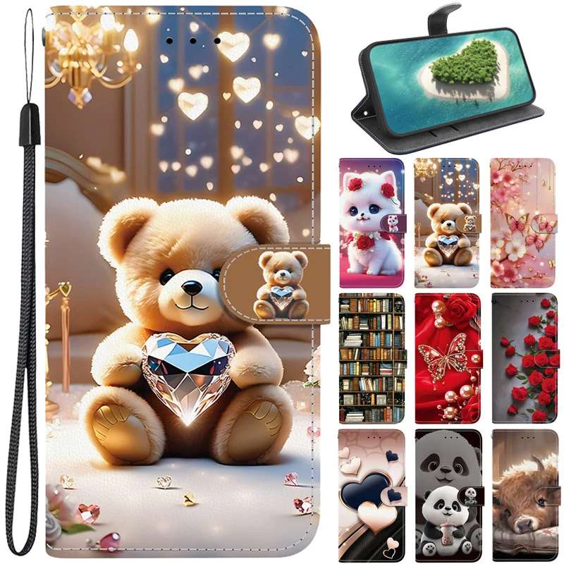 Funda con diseño de gato y oso para Redmi Note 15/Note 14 Pro+, Redmi 15C, 14C, 13C, A5, A3, Note 15, 14, 13 Pro Plus 5G, 4G, tipo cartera con soporte y correa.
