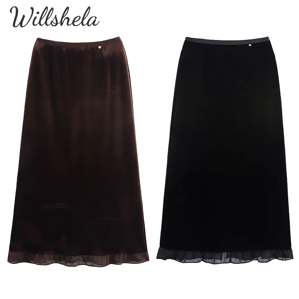 

Willshela Women Fashion Autumn Suede Fabric Large Swing Midi Pencil Skirt Back Slit Elastic Waist Female Lady Casual Long Skirt