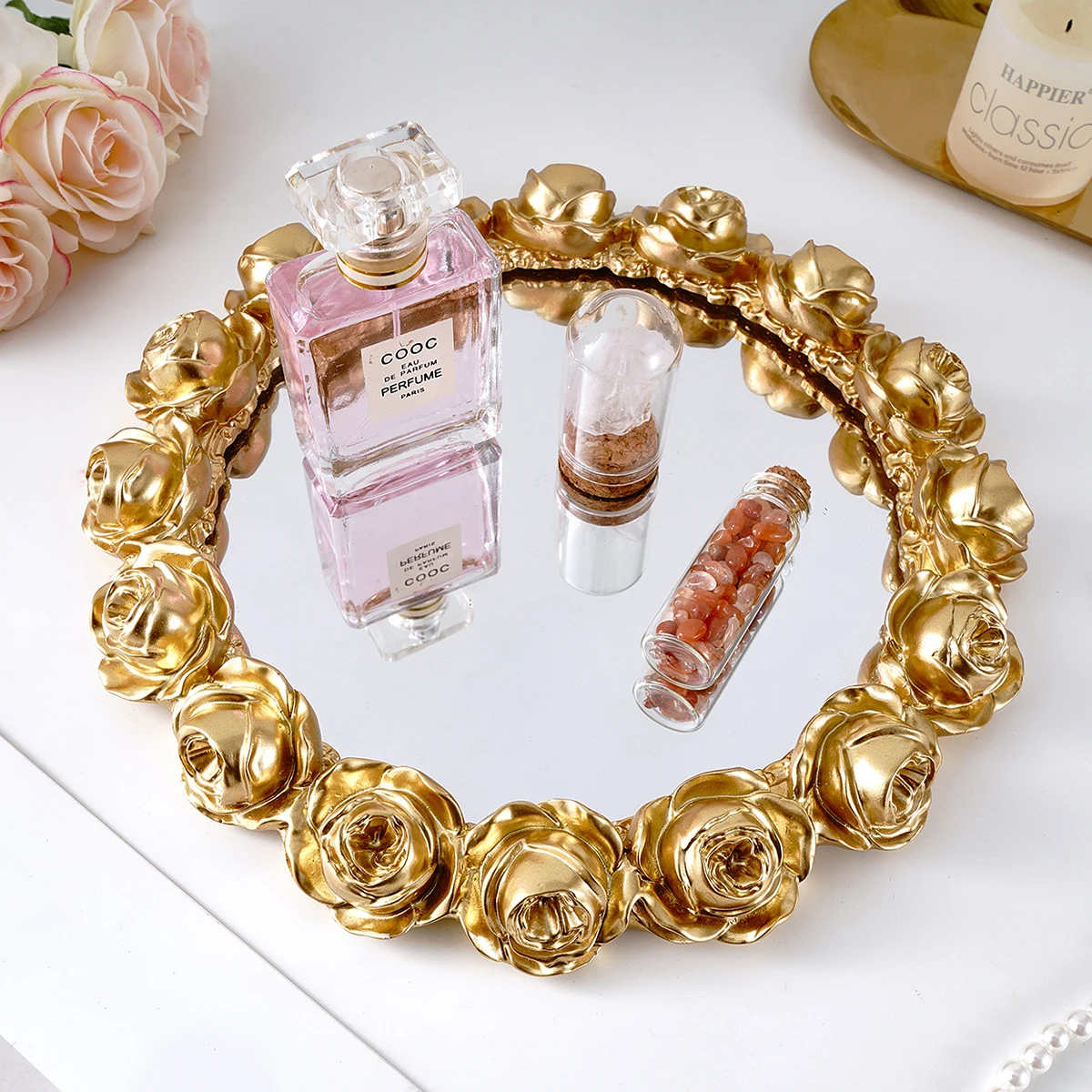 1PC, A Simple European Rose Garron-Shaped Mirror Decorative Tray, A Resin Material Hand-Painted Home Decoration Handicraft view 2