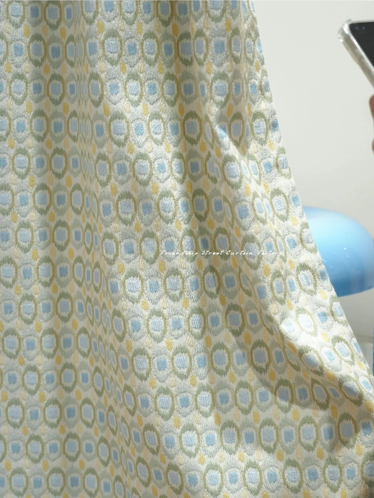 Blue Jacquard Splicing Chenille Curtains for Living Room French Window Customized Partition Curtain Valance Finished Products