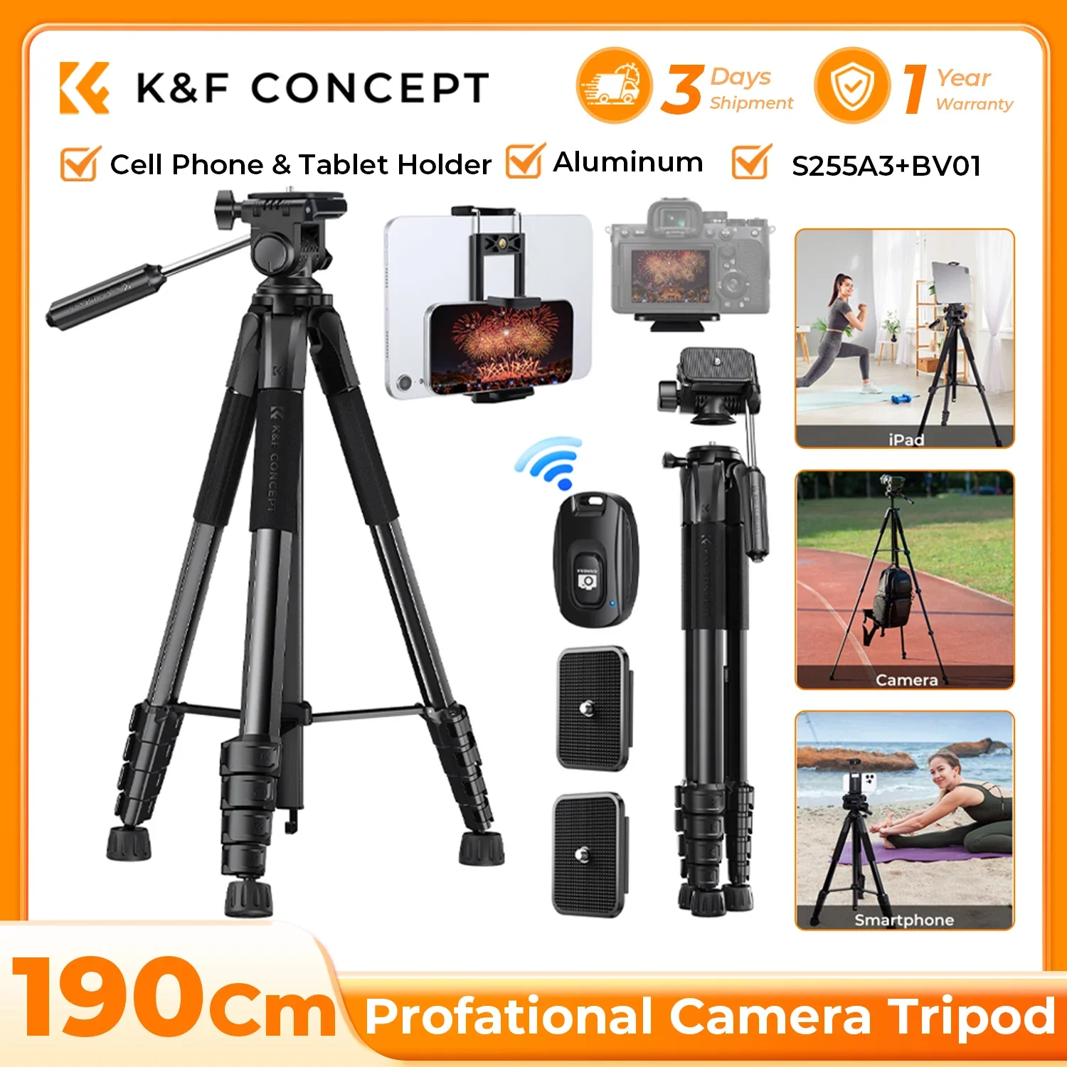 

K&F CONCEPT Camera Tripod 75" Lightweight Portable Travel Outdoor DSLR Tripods for Camera Phone Video Recording Cellphone Stands