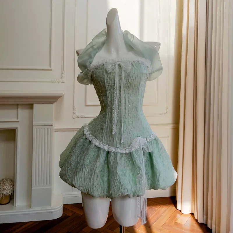 French Style Vestidos Mint Green Sweet Jacquard Bow Suspender Tube Top Neck Dress Off Shoulder Slim Fit Sexy Temperament Dresses
