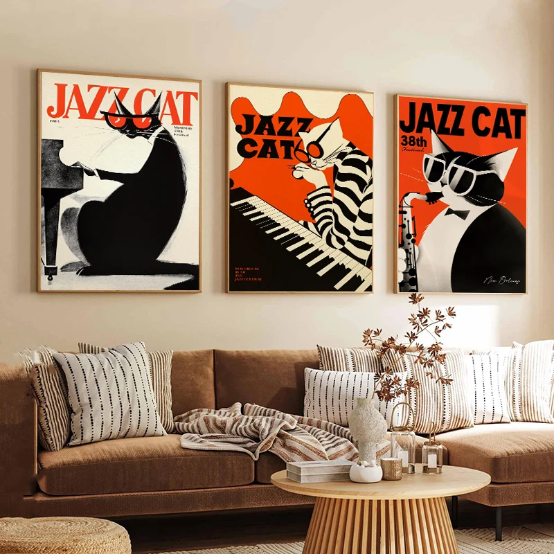 

Vintage Jazz Black Cat Poster Retro Vibrant Animal＆ Music Wall Art Canvas Painting Picture Bar Club Cafe Home Living Room Decor