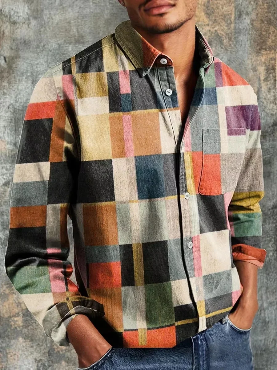Men's Fashion Casual Fashion Patchwork Design Linen Shirt Floral 3D Printed New Style Comfortable Fit Long Sleeve Casual Shirt - view 3