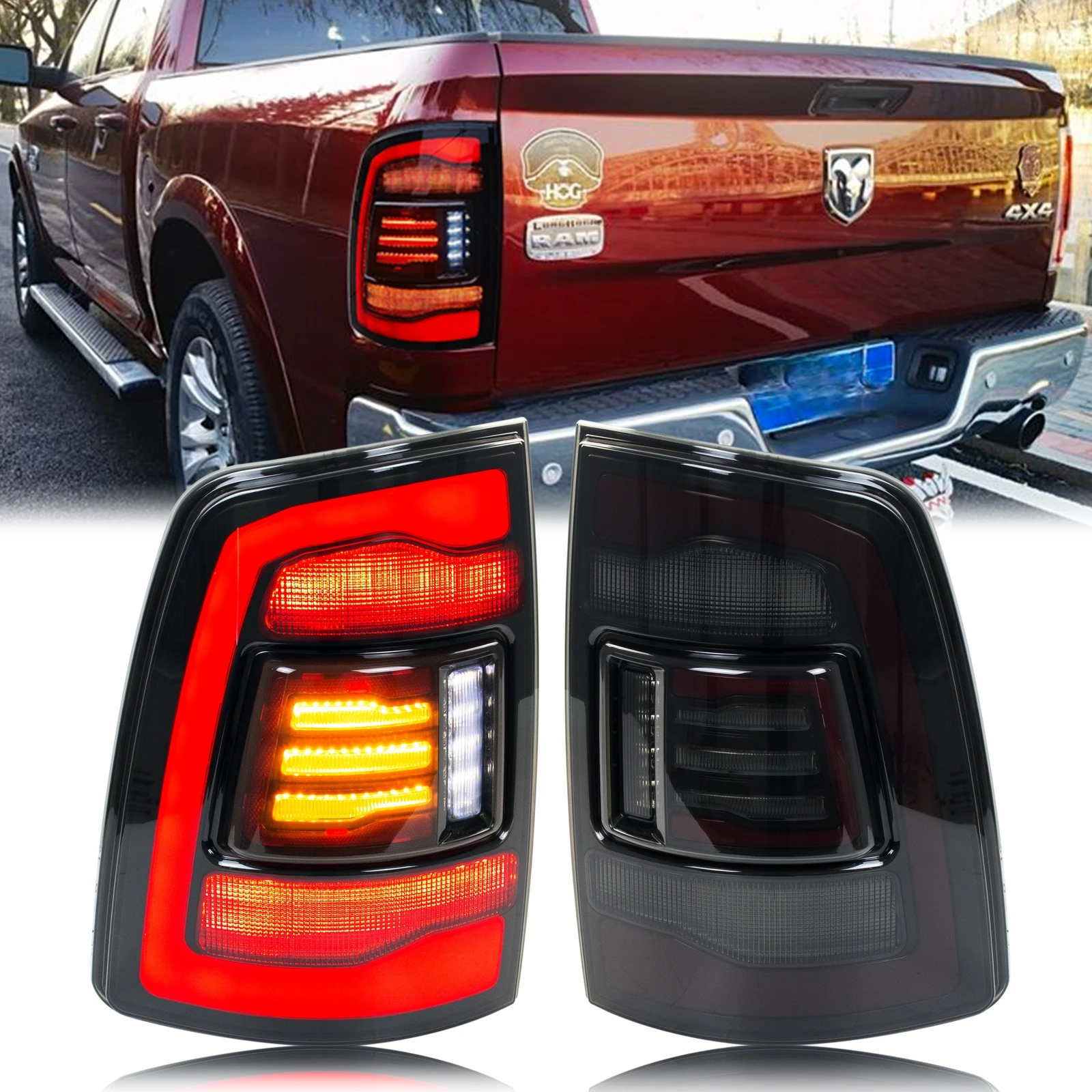 

LED Tail Lights for Dodge Ram 1500 2500 3500 2009-2018 Sequential Turn Signal Start-up Animation Black Rear Lamps Assembly