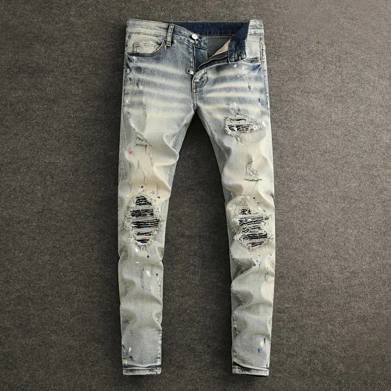 Men's Streetwear Jeans, High-Quality Vintage Wash Stretch Slim Fit Ripped Patchwork Light Blue Denim Pants with Designer Panels