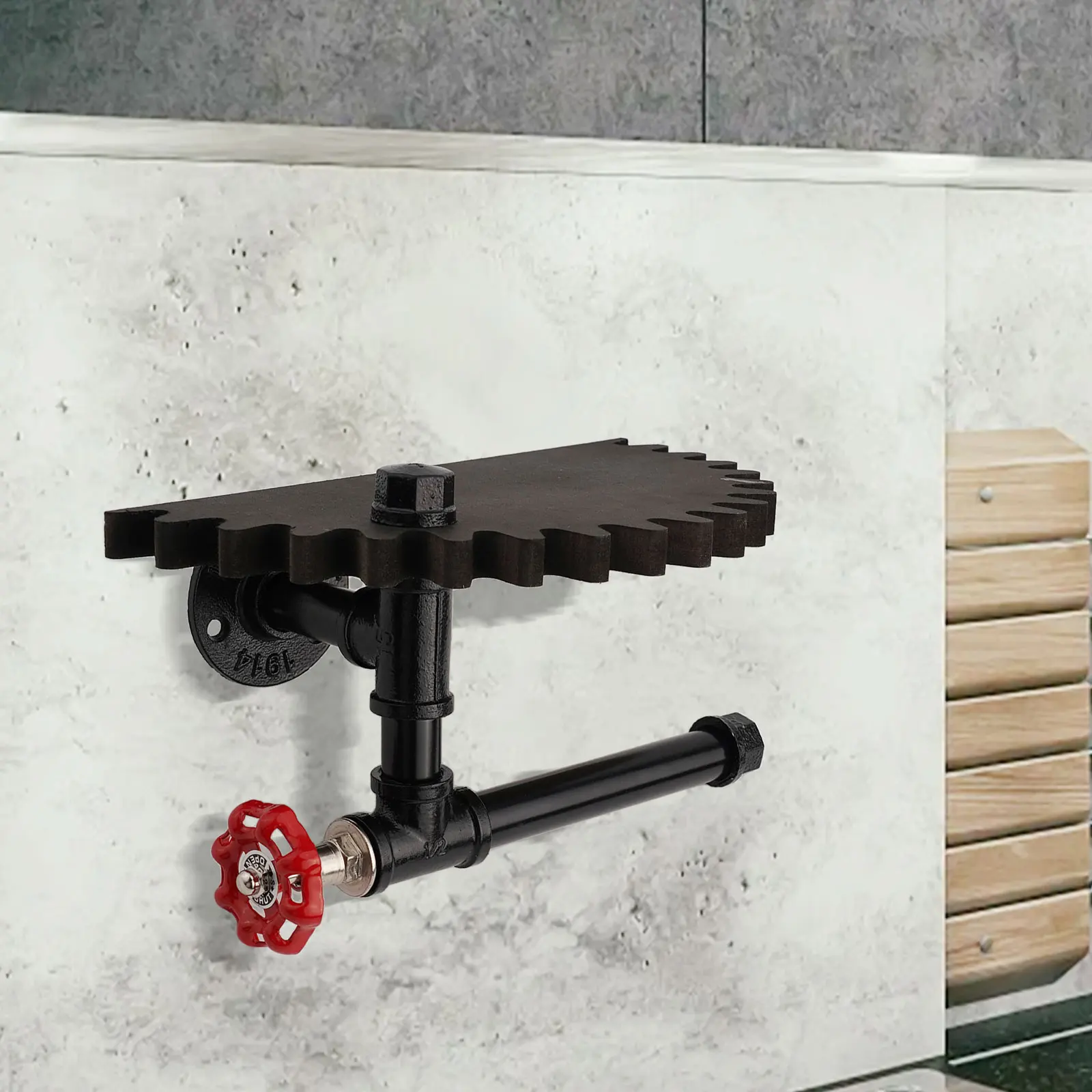 Industrial Pipe Bracket Toilet Paper Holder with Wood Gear and Wall Shelf for Rustic Home Decor and Functional Use