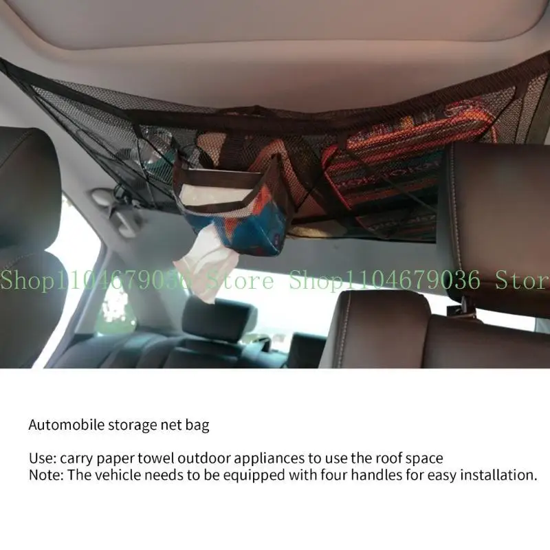 652F Truck Car Roof Ceiling Cargo Net Pocket Interior Double Layer with Zipper Buckle Organization Compatible for SUV Campers