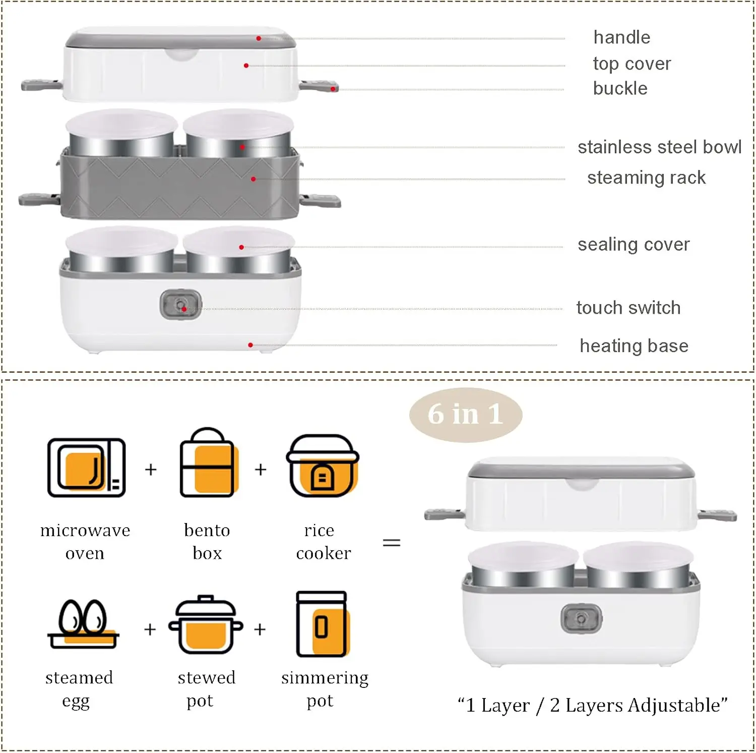2 Layer 2L Electric Lunch Box Portable Self Cooking Heating Bento Lunch Box Multifunctional Mini Food Storage Warmer Container