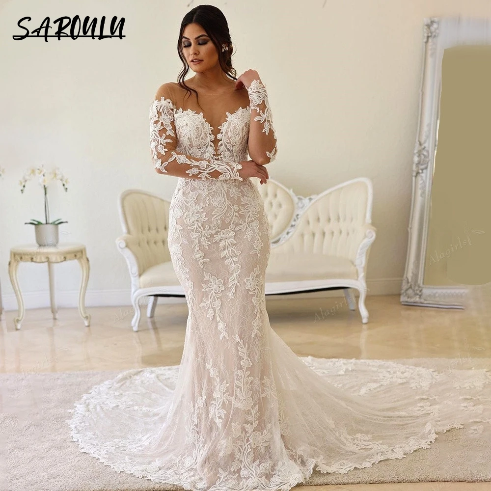 

Sexy Illusion Lace Mermaid Wedding Dress Boho Beach Court Train Bridal Wedding Gown Backless Robe Mariage Elegant Bridal Dress