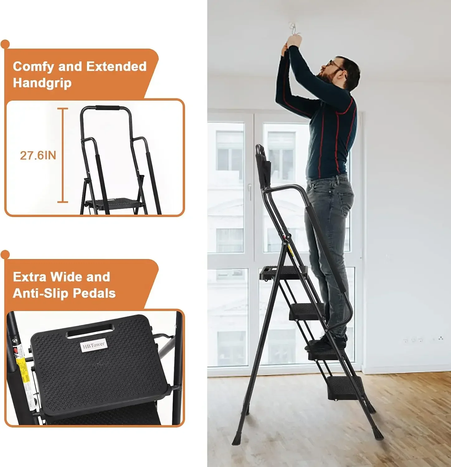 Ladder with Handrails, 330 lbs Folding Step Stool with Attachable Tool Bag & Anti-Slip Wide Pedal for Home Kitchen Pantry Office