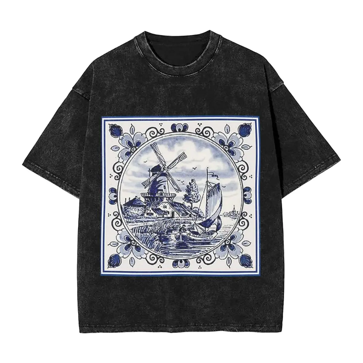 Streetwear T-Shirts Dutch Blue Delft Vintage Windmill Print Washed T Shirt Short Sleeve Hip Hop T-Shirt Tops Tees for Men Women view 4