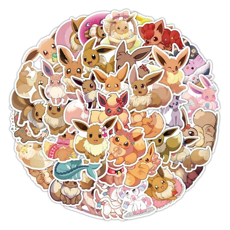 50pcs-adesivos-pokemon-eevee-impressao-de-anime-e-cartoon-adesivos-decorativos-para-celular-mala-laptop-copo-de-Agua-presentes-de-ferias