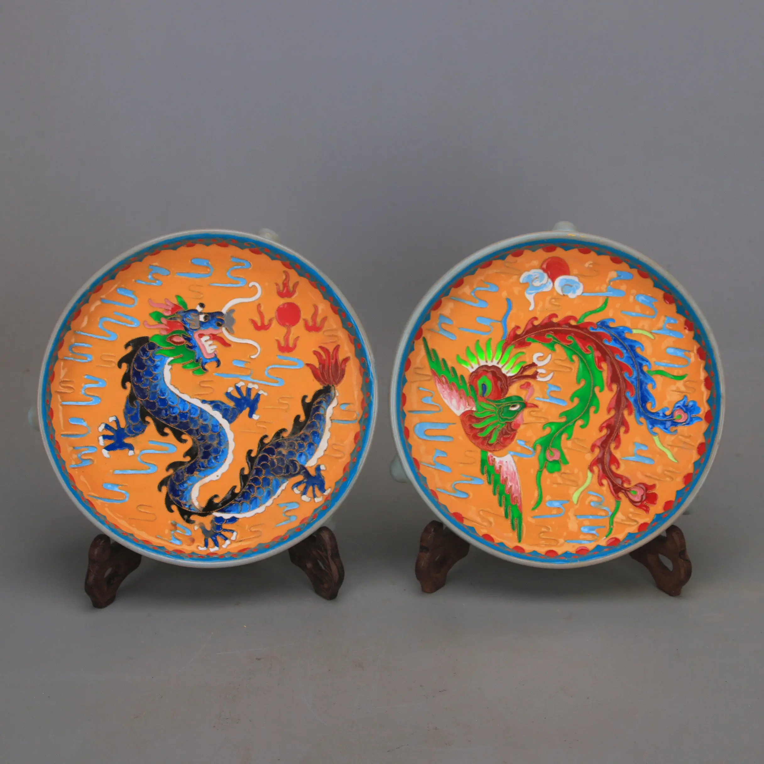 Three Foot Brush Washer Ru Ware Style Cloisonne Enamel Yellow Ground Dragon Phoenix Set of 2 Handcrafted Porcelain Home Decor