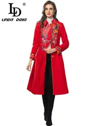 LD LINDA DELLA Autumn winter Designer Coat Women Red Turn-Down Collar Single-breasted Lace-Up Tunic Embroidery Coat