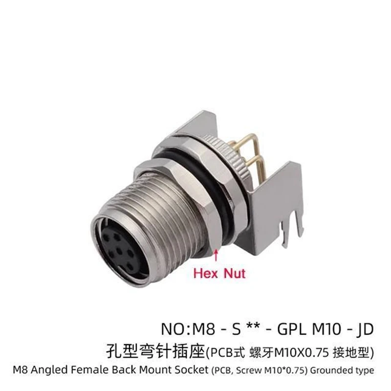 CAZN Factory M8 angled PCB male female back mount socket M8*1 connector grounded PCB type waterproof IP67