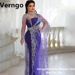 Verngo Purple Crystal Luxury Evening Dress Square Collar Long Prom Gowns Saudi Arabic Wedding Party Dress Customized