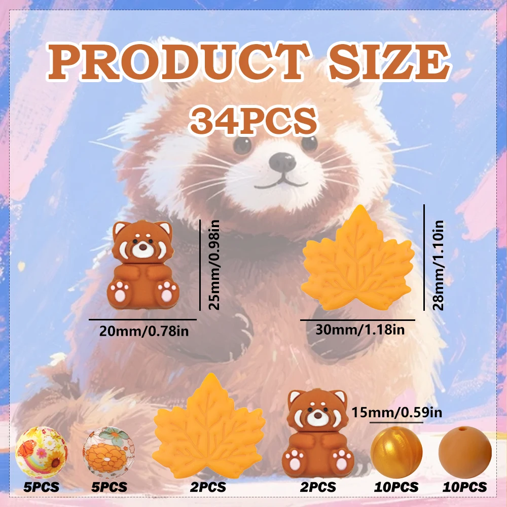 34Pcs Maple Leaf Red Panda Silicone Beads Set DIY Beaded Necklace Bracelet Decoration Pen Jewelry Pendant Etc. Holiday Birthday Gift view 4