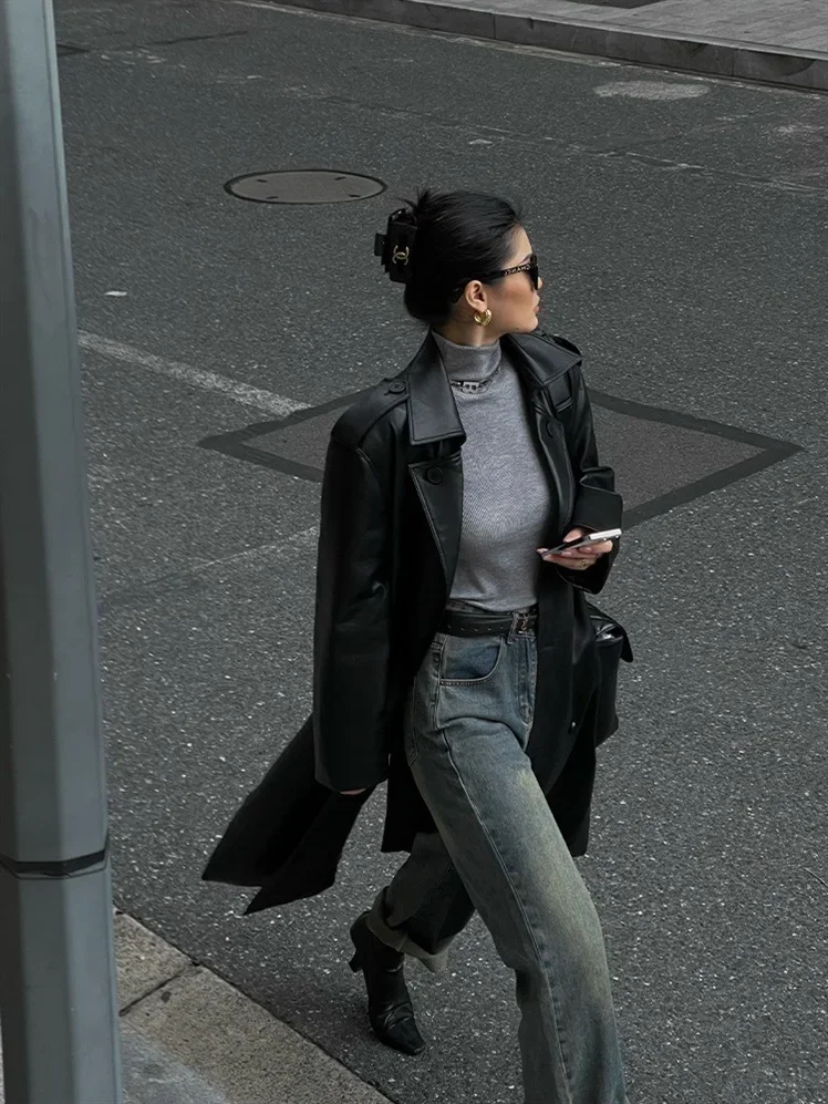 Mulheres falso casacos de couro do plutônio turn down collar preto cintura alta rendas até jaquetas longas casual elegante y2k maxi solto windbreak