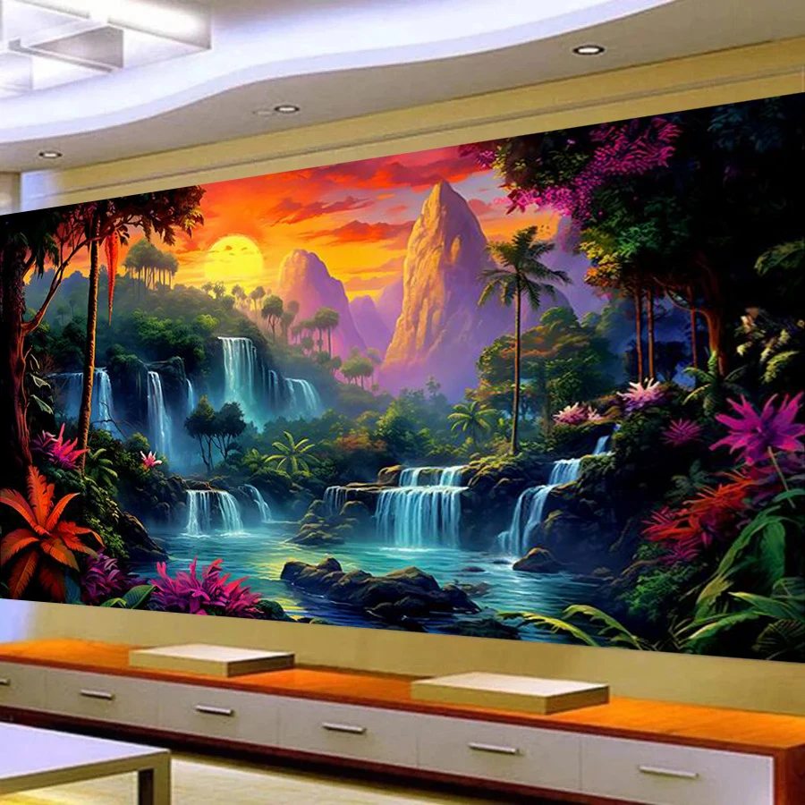 

Moon Mountain Waterfall Scenery Large Size Diy Diamond Painting Landscape Full Drill Mosaic Embroidery Pictures 200x100cm
