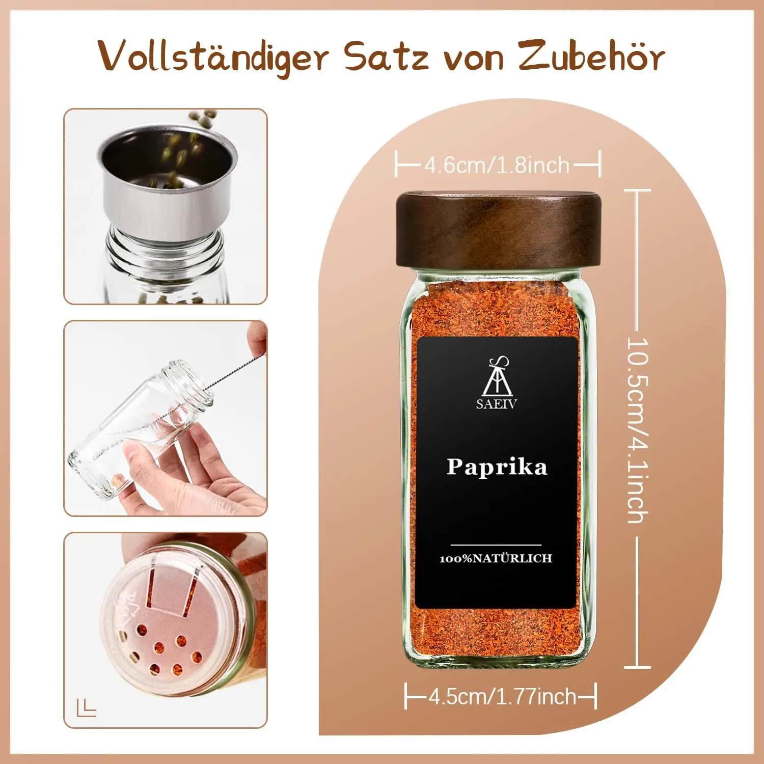 SAEIV Quadratische gewürzgläser mit Akazienholzdeckel | 120 ml Gewürzbehälter aus Glas | Set enthält Etiketten, Trichter, Reinigungsbürste und Stift | Luftdicht und auslaufsicher | BPA-frei | küchen organizer – Detail 4